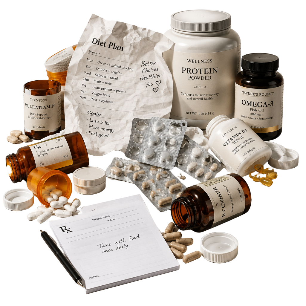 Frascos de remédio, suplementos, plano de dieta e receitas acumulados